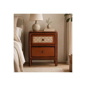 Modern Solid Wood <b>Bedside</b> <b>Table</b> with 2 Drawers <b>Rattan</b> Front Wooden Nightstand for Bedroom Storage Furniture OEM ODM - Product Image 1