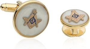 Boutons de manchette blancs pour hommes, style franc-maçon, avec boutons de chemise |   Ensemble de smoking maçonnique formel avec boutons de manchette en émail - Product Image 2