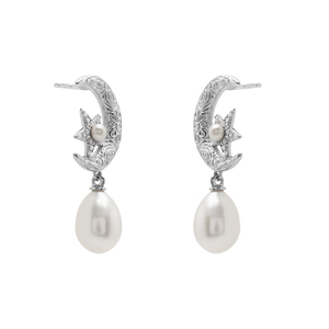 Pendientes con diseño de luna y estrella hechos de plata de ley 925, pendientes de diseño con piedras preciosas de perlas naturales de forma ovalada y redonda, joyería fina - Product Image 2