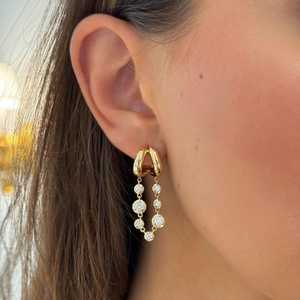 Long Drop Dangle Line Unique Huggie <b>Hoop</b> Statement <b>Earrings</b> Wholesale 14k 18k Gold 1 Ct Round Lab Grown Diamond Georgian Set - Product Image 2