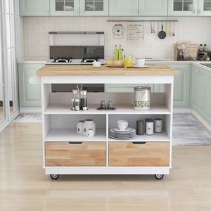 Carrello da Cucina a Due Lati con Ruote, Piano in Legno di Gomma e Portabottiglie e Portaspezie, Ampio Kit di Stoccaggio - Product Image 2