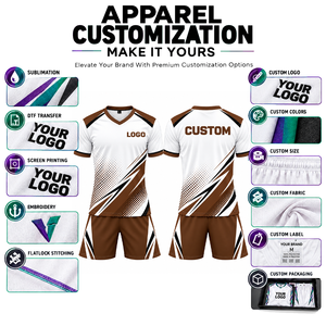 Uniforme de Fútbol Personalizado Blanco y Marrón, Cuello en V, Manga Corta, 100% Poliéster, Impresión Sublimada, Absorbe la Humedad, para Hombre Adulto - Product Image 3