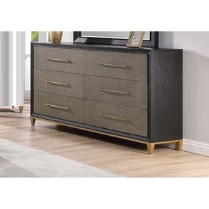 Commode contemporaine en bois à six tiroirs, finition bois foncé, quincaillerie dorée brossée, pieds effilés - Product Image 2