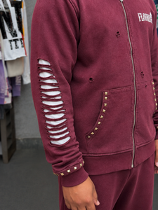 Sweat-shirt à capuche zippé pour homme, couleur bordeaux, avec clous décoratifs et fermeture éclair, style streetwear décontracté, coupe classique, en coton, effet vieilli - Product Image 3