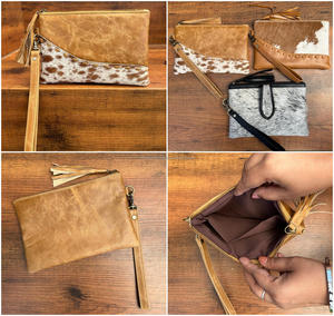 Vente en gros de pochette de luxe tendance en cuir de vachette pour femmes portefeuille en cuir véritable de haute qualité pochette à fermeture éclair avec pompon - Product Image 4