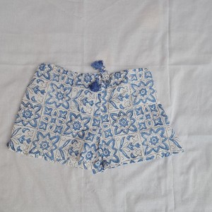 men's Frill Pajama Set White Blue Moroccan Tile Geometric Block Print Cotton Tassel Drawstring Waist Frill Summer Boho Shorts - Product Image 1