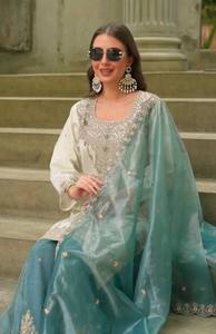 Conjunto de Salwar Kameez de Seda para Mujer, Kurta Bordada, Palazzo, Dupatta, Traje Étnico, Absorbe la Humedad, Secado Rápido, para Bodas, Graduaciones, Diwali - Product Image 3