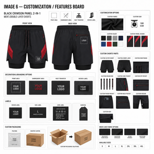 Pantalones Cortos Deportivos para Hombre en Color Negro y Rojo con Cordón Ajustable, Bolsillos con Cremallera, Secado Rápido, Diseño de Doble Capa, Logotipo Frontal - Product Image 5
