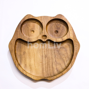Assiette d'apprentissage pour enfants en bois de teck naturel en forme de hibou, plateau d'alimentation pour tout-petits, plat à dîner multi-compartiments pour usage domestique, durable - Product Image 4