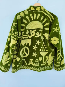 Indian Suzani Embroidery <b>Vintage</b> Reversible <b>Bomber</b> Velvet Cotton Autumn/Winter <b>Jacket</b> Women Floral Quilted 100% Velvet In-Stock - Product Image 3