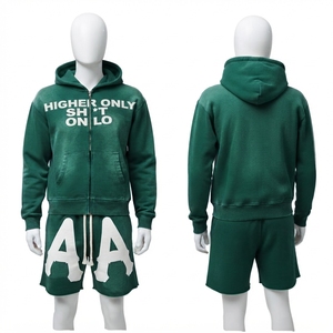 Ensemble de survêtement vert à capuche pour homme en coton French Terry, style urbain, imprimé lettres, collection automne, prix de gros - Product Image 1