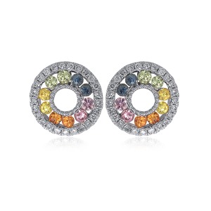 14K White Gold Rainbow Diamond Circle Stud Earrings Multi Color Round Lab Grown Diamonds Halo Design Fine Jewelry for Women - Product Image 2