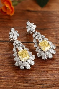 Luxury Chandelier <b>Earrings</b> With Cushion Cut Yellow <b>Diamond</b> Flower Halo Claw Setting For Women Wedding Jewelry - Product Image 4