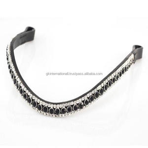Logo personnalisé en forme de vague 3 rangées de cristaux fins noirs et clairs Mega Bling Leather Horse Brow Band in Full Cob Oversize - Product Image 1