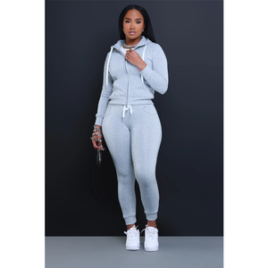 Ensemble sweat-shirt gris à capuche et fermeture éclair pour femme, taille haute, manches longues, décontracté, tricoté, couleur unie, toutes saisons, coupe classique - Product Image 6