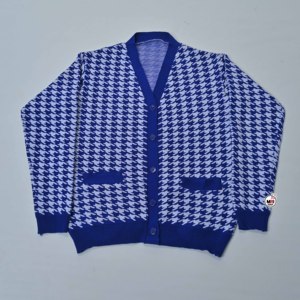 Cárdigan de punto casual de manga larga con cuello en V y estampado de pata de gallo azul y blanco para mujer, de alta calidad, al por mayor, con bolsillos, para otoño. - Product Image 3