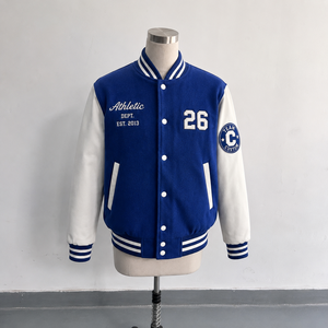 เสื้อแจ็คเก็ตบอมเบอร์สีน้ำเงินแบบยูนิเซ็กซ์ แขนเสื้อสีขาว ปักลายลำลอง มีฮู้ด สำหรับฤดูหนาว ผ้าขนสัตว์ 100% บางเบา - Product Image 1