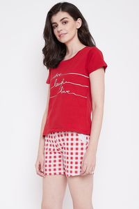 Women's Red Printed T-Shirt With Love Laugh Live Text And Red White Checkered Shorts <b>Elastic</b> Waist Casual Knitted Cotton Set - Product Image 2