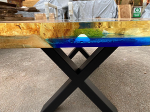 Table de salle à manger et table basse en résine époxy, design tropical bleu-vert rivière, en bois d'acacia sur mesure, style luxe Diwali, pour cuisine - Product Image 6