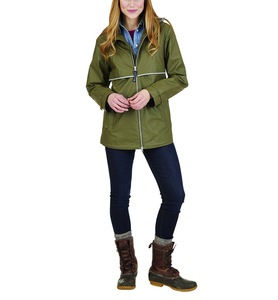 Chaqueta Impermeable de Senderismo para Mujer, Color Verde Oliva, con Capucha, Manga Larga, Corte Clásico, Cierre de Cremallera, Línea Brillante - Product Image 3