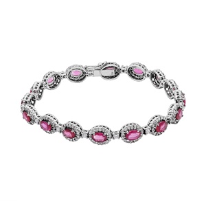 Bracelet tennis en or blanc massif 18 carats avec halo de diamants et rubis ovales naturels, Memoria Jewels, vente en gros - Product Image 1