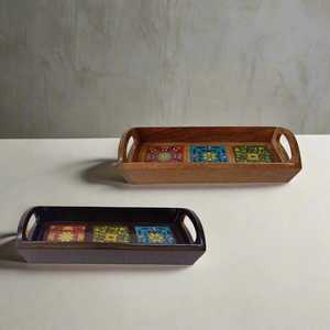 Plat de service rectangulaire extra large en bois d'acacia fait main, écologique, à motifs végétaux, avec compartiments, bords surélevés, moderne et non toxique - Product Image 4