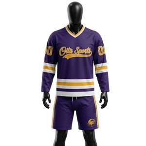 Men Purple Sublimated Ice Hockey Jersey Shorts Set V Neck Striped Polyester Sports Uniform Training Wear <b>Athletic</b> Team Apparel - Product Image 1