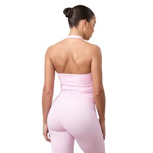 Women's Light Pink Halter Neck Tank <b>Top</b> Slim Fit Stretch Workout Fitness Activewear Sleeveless Fashion Apparel Wear - Product Image 2