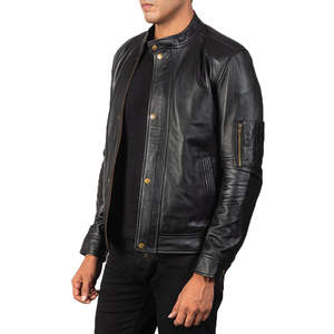 Custom Men's Genuine Leather Moto Jacket Stand Collar <b>Covered</b> <b>Button</b> Closure Regular Fit Solid Black Autumn Wear - Product Image 4