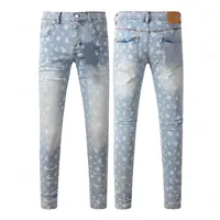 Jeans de motard pour hommes en gros, coupe droite, denim brodé tissé délavé