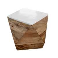 Table basse moderne géométrique en bois de manguier avec plateau en marbre, table centrale en bois massif pour salon.