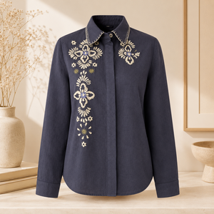 Camisa de Algodón Gris Oscuro con Bordado para Mujer, Manga Larga, Diseño Floral en la Parte Delantera, Blusa Informal a la Moda - Product Image 4