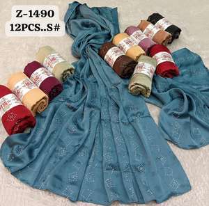 Luxury 12-Piece <b>Scarf</b> Set: Textured Jacquard <b>Chiffon</b> Hijabs with Shimmering Rhinestone Borders & Elegant Wave Patterns - Product Image 5