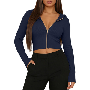 <b>Women's</b> <b>Navy</b> Blue Hooded Zip-Up Cropped Sweater Long Sleeve Knitted Solid Color Autumn Wear Breathable Full Length Sleeves - Product Image 4