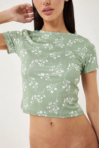 Women Floral Print <b>Crop</b> <b>Top</b> Short Sleeve Crew Neck Regular Fit Casual Knitted T-Shirt Spring Summer Breathable 100% Cotton - Product Image 4