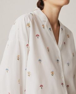 Women White Cotton Shirt Full Sleeve Colorful Mini Floral Embroidery V Neck <b>Loose</b> Casual <b>Dresses</b> Blouse for Wholesale - Product Image 5