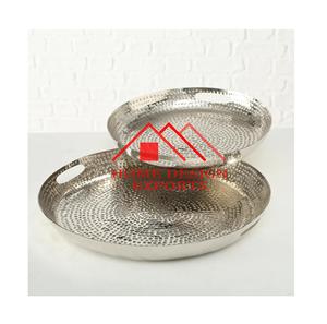 Plateau de service alimentaire en métal fini argenté de forme ronde Design martelé Plateau de service pour aliments et boissons d'hôtel à domicile - Product Image 1