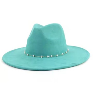 Sombrero Fedora Unisex de Ala Ancha Color Turquesa con Decoración de Perlas, Estilo Moderno, Color Sólido, Casual para Primavera/Verano, Nuevo Estilo de Lujo - Product Image 1