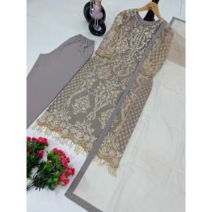 Ensemble haut, pantalon et dupatta de fête indien et pakistanais de créateur avec dentelle fantaisie - Product Image 3