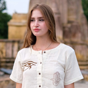 Kurti court en coton blanc cassé fait main pour femme, imprimé au bloc, style bohème chic, haut d'été léger et respirant en coton - Product Image 1