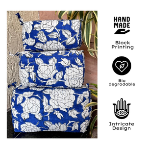 Juego de Bolsas de Cosméticos de Algodón con Estampado Floral Azul y Blanco, Estilo Bohemio, Bordadas, Multifuncionales, Bolsas Organizadoras de Viaje - Product Image 2