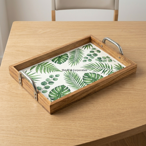 Bandeja de Servir Rectangular de Madera de Mango Premium con Asas Metálicas, Bandeja Otomana para Mesa de Centro, Decoración del Hogar, Bandejas Decorativas Ecológicas - Product Image 2