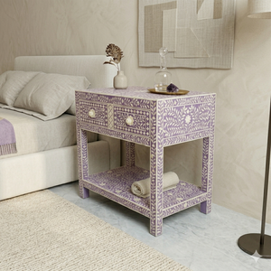 Floral Resin Bone Inlay Nightstand With 2 <b>Drawer</b> Luxury End <b>Table</b> Premium Quality <b>Side</b> <b>Table</b> Home Decor Accent Storage Cabinet - Product Image 3