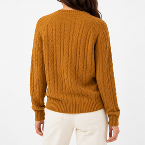 Suéter de Punto Trenzado para Mujer, Cuello Redondo, Manga Larga, Color Mostaza, para Uso Diario |   Proveedor OEM ODM - Product Image 2