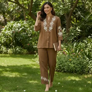 Women's Brown Embroidered Cotton <b>Linen</b> Co Ord <b>Set</b> Mandarin Collar Three Quarter Sleeve Straight Pants Regular Fit Elegant Outfit - Product Image 2