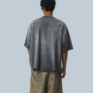 New Front Acid Washed 100% Cotton T-shirt Ripped Hole Metal <b>Ring</b> Accent Design Neck Regular Fit Breathable Quick Dry Men - Product Image 4