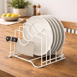Étagère à assiettes en métal blanc avec porte-couteaux, organisateur de rangement de cuisine sur pied, design minimaliste - Product Image 6