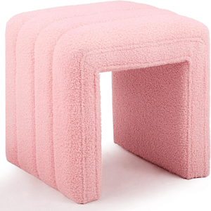 Modern <b>Pink</b> Teddy Velvet Ottoman Footrest Vanity <b>Stool</b> for Makeup Room or Living Room Entryway - Product Image 1