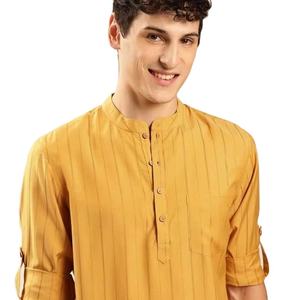 <b>men</b> mustard <b>yellow</b> coloured solid mandarin collar kurta short kurta polyester viscose long sleeves curved hem kurta for <b>mens</b> - Product Image 1