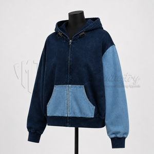 เสื้อแจ็คเก็ตฮู้ดซิปยีนส์สีตัดต่อแบบขายส่งตามสั่ง ผู้ผลิตเสื้อผ้าสตรีทแวร์แบบ OEM ODM - Product Image 3
